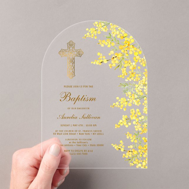 Watercolor Mimosa Arch Baptism Acrylic Invitations (Insitu (Handheld))