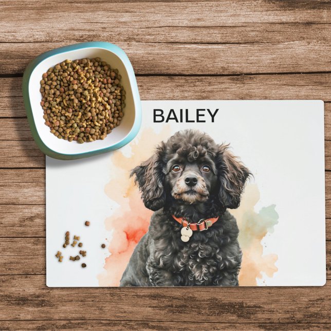 Watercolor Miniature Black Poodle Dog Food Mat (Creator Uploaded)