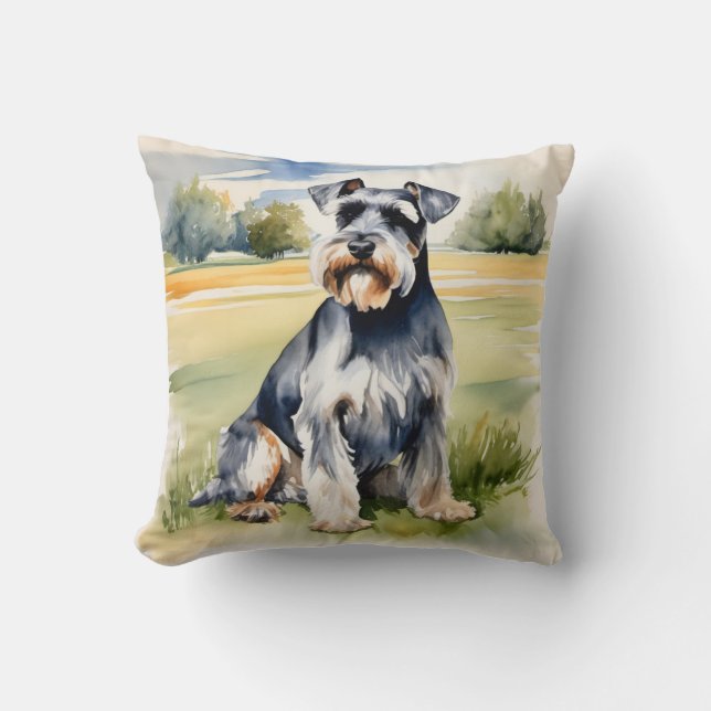 Watercolor Miniature Schnauzer – Dog Art Print Throw Pillow (Front)