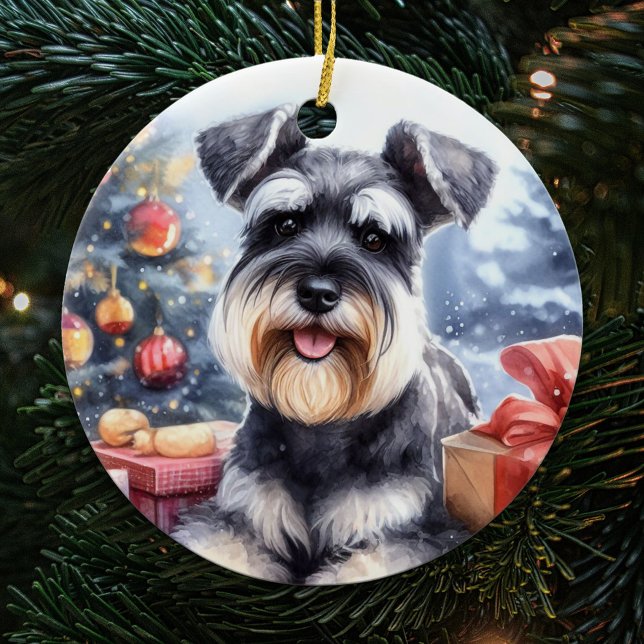 Watercolor Miniature Schnauzer Dog Christmas Ceramic Ornament (Creator Uploaded)