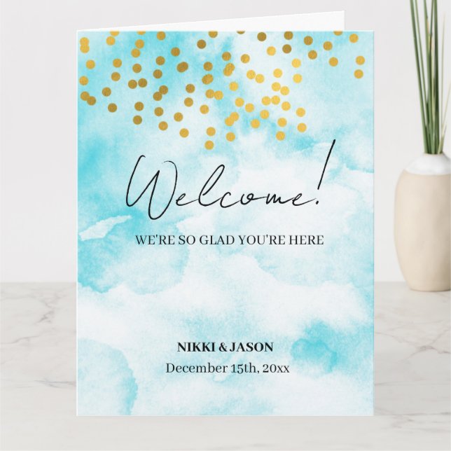 Watercolor Minimal Gold Confetti Wedding Welcome   Card (Front)