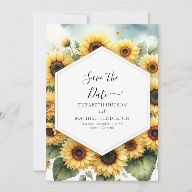 Watercolor Minimal Sunflower Wedding Save The Date (Front)