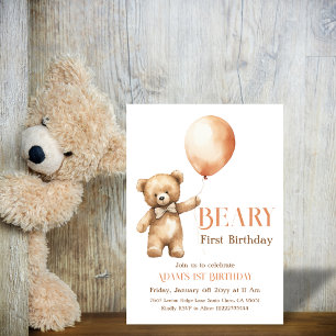 Watercolor Minimalist Beige Beary First Birthday Invitation