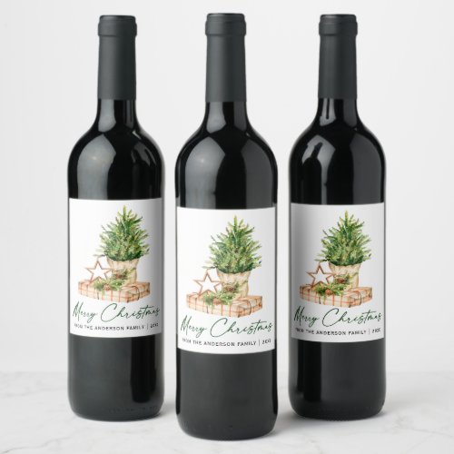 Watercolor Minimalist Christmas Calligraphy Ink Wine Label