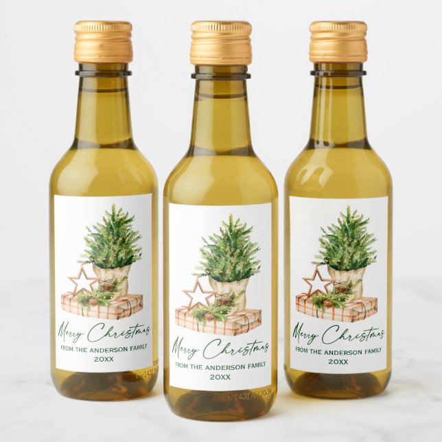 Watercolor Minimalist Christmas Calligraphy Mini Wine Label (Bottles)