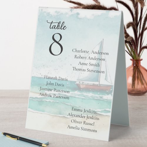 Watercolor minimalist cruise wedding table tent sign
