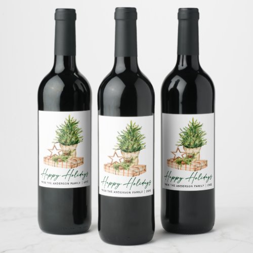 Watercolor Minimalist Holiday Calligraphy Ink Wine Label