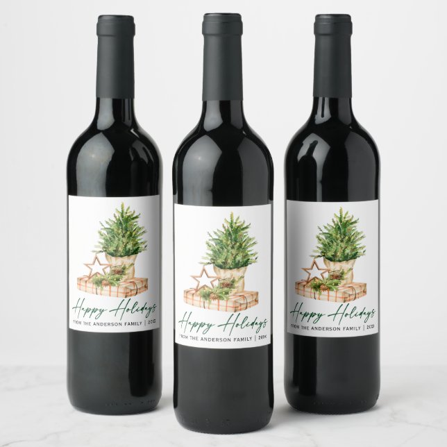 Watercolor Minimalist Holiday Calligraphy Ink Wine Label (Bottles)