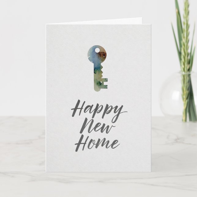 Watercolor Minimalist Key Happy New Home Card (Front)