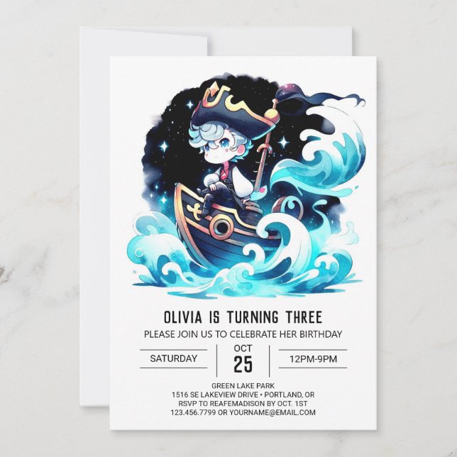 Watercolor Minimalist Pirate Birthday Invitation (Front)