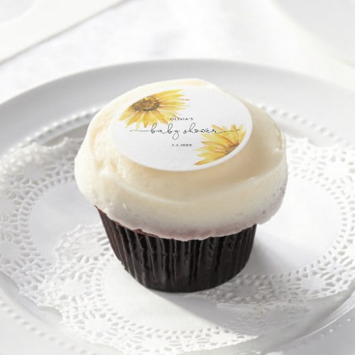 Watercolor minimalist sunflower baby shower edible frosting rounds