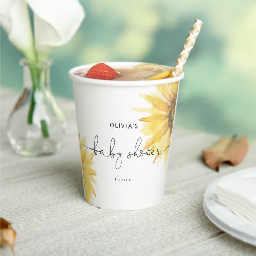 Watercolor minimalist sunflower baby shower paper cups