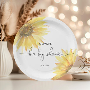 Watercolor minimalist sunflower baby shower paper plates
