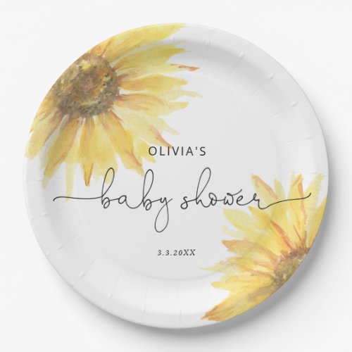 Watercolor minimalist sunflower baby shower paper plates