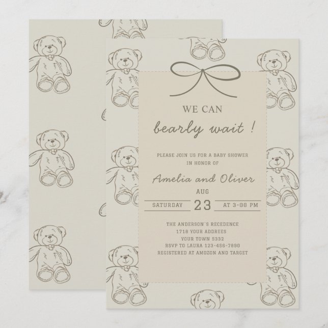 Watercolor minimalist we can bearly wait  baby sho invitation (Front/Back)