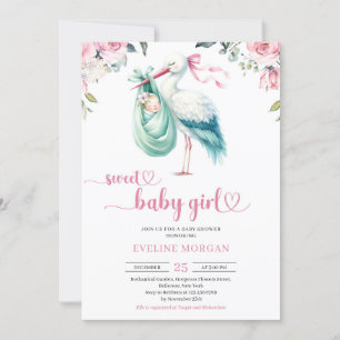 Watercolor mint and pink stork delivery baby girl invitation