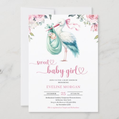 Watercolor mint and pink stork delivery baby girl invitation
