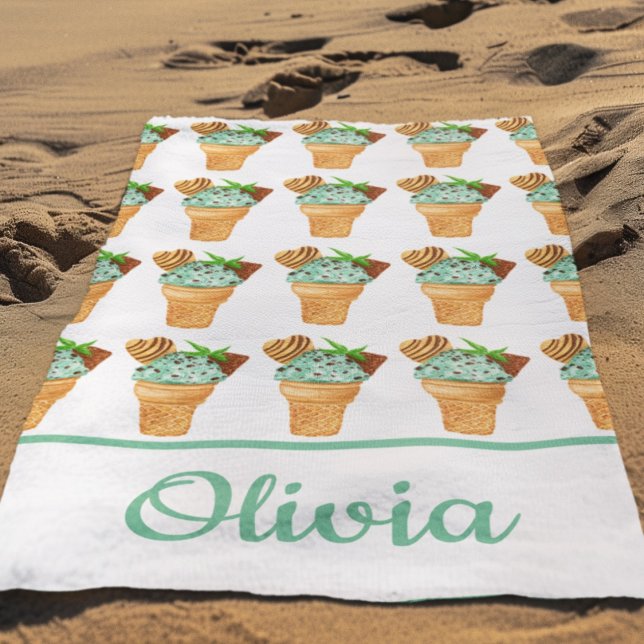 Watercolor Mint Chocolate Ice Cream Personalized Beach Towel (Creator Uploaded)