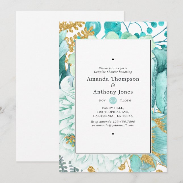 Watercolor Mint Floral Couples Shower Invitation (Front/Back)