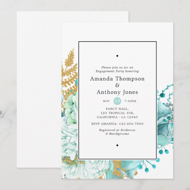 Watercolor Mint Floral Engagement Party Invitation (Front/Back)