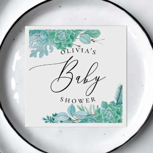 Watercolor mint floral succulents baby shower napkins