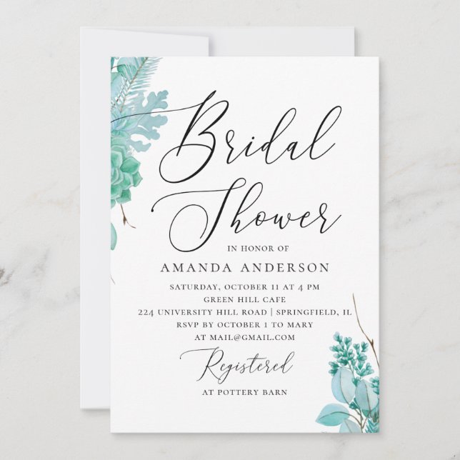 Watercolor mint floral succulents bridal shower invitation (Front)