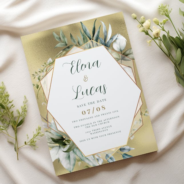 Watercolor mint gold foliage geometric wedding invitation (Watercolor mint gold foliage geometric wedding)