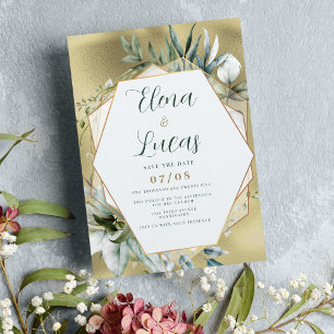 Watercolor mint gold foliage geometric wedding invitation