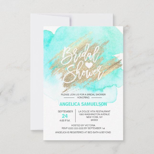 Watercolor Mint Green Gold Brush Bridal Shower Invitation (Front)