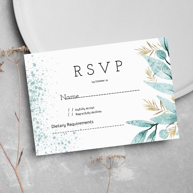 Watercolor mint green gold foliage RSVP Invitation (Watercolor mint green gold foliage RSVP )