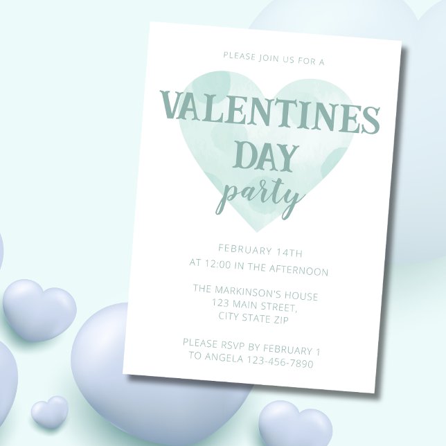 Watercolor Mint Green Hearts Valentines Day Party Invitation (Creator Uploaded)