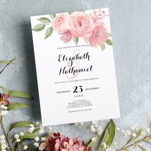 Watercolor mint green pink floral theme wedding invitation