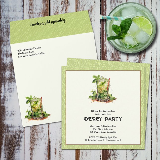 Watercolor Mint Julep Derby Invitation (Watercolor Mint Julep Derby Square Invitations (Envelopes sold separately))