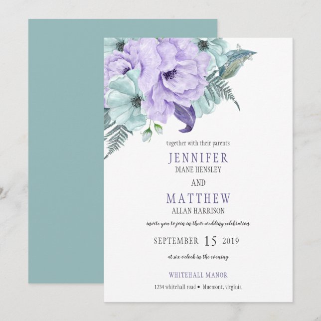 Watercolor Mint Lavender Purple Peonies Wedding Invitation (Front/Back)