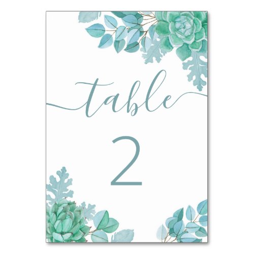 Watercolor mint succulents Floral cactus wedding Table Number