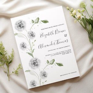 Watercolor mint white poppy floral leaves wedding invitation