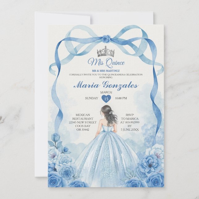 Watercolor Mis Quince Dusty Blue Quinceañera Invitation (Front)