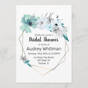 Watercolor Mist Blue Gray Teal Floral Gold Frame Invitation