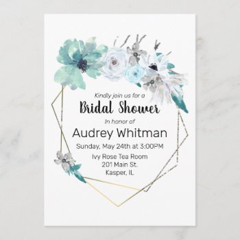 Watercolor Mist Blue Gray Teal Floral Gold Frame Invitation by Mistflower at Zazzle