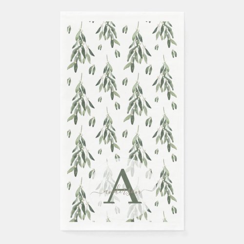 Watercolor Mistletoe Branch Monogrammed Christmas Paper Guest Towels