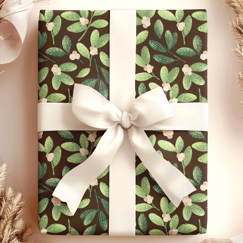 Christmas Wrapping Paper 12 Watercolor Mistletoe Elegant Brown Floral Holiday Wrapping Paper