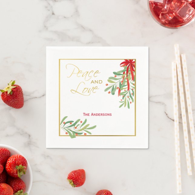 Watercolor Mistletoe & Gold | Personalized Holiday Napkins (Insitu)