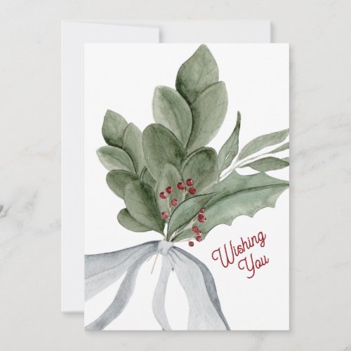 Watercolor Mistletoe Greenery Personalized Holiday Card