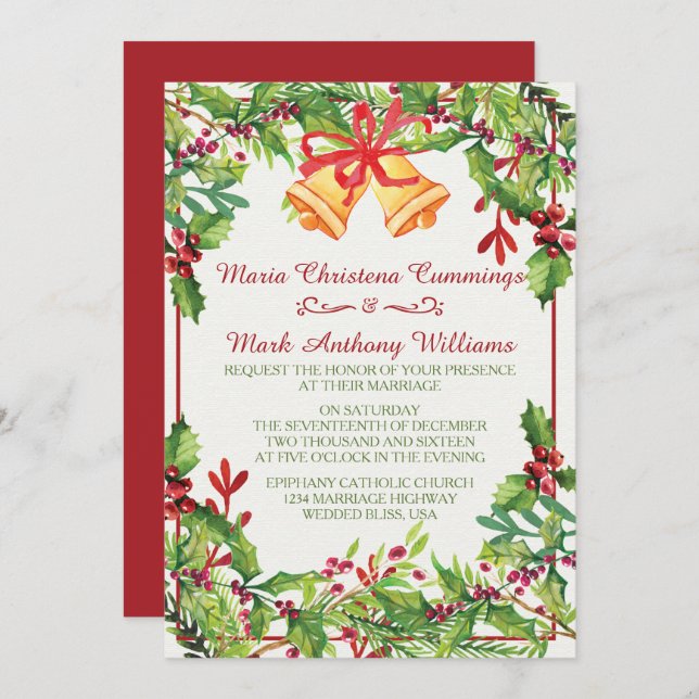 Watercolor Mistletoe Holiday Wedding Invitation (Front/Back)