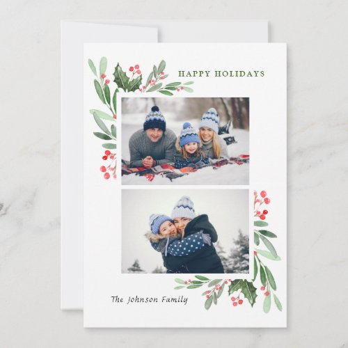 Watercolor Mistletoe Holly Berry Christmas 2 PHOTO Holiday Card