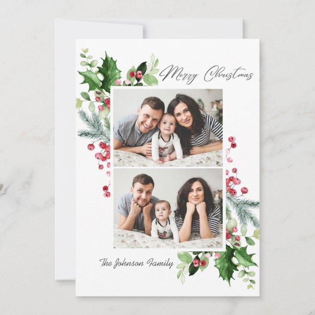 Watercolor Mistletoe Holly Berry Christmas 2 PHOTO Holiday Card (Front)