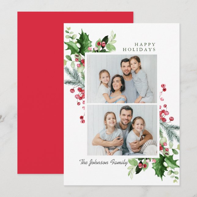 Watercolor Mistletoe Holly Berry Christmas 2 PHOTO Holiday Card (Front/Back)