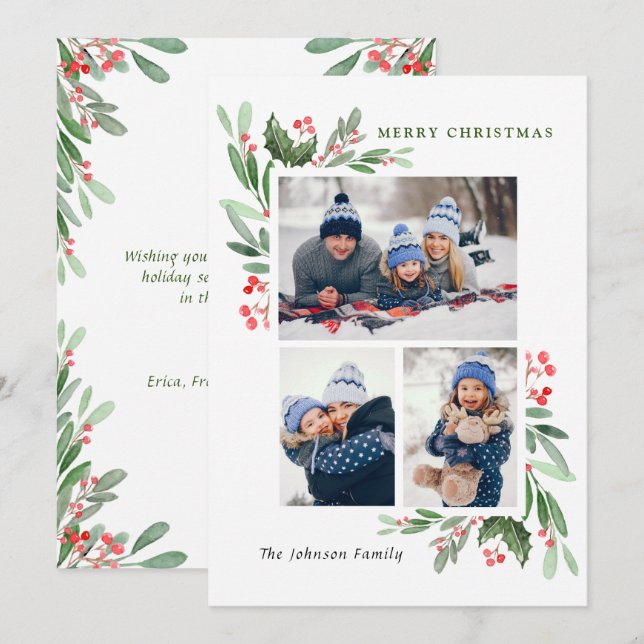 Watercolor Mistletoe Holly Berry Christmas 3 PHOTO Holiday Card (Front/Back)