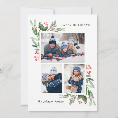 Watercolor Mistletoe Holly Berry Christmas 3 PHOTO Holiday Card