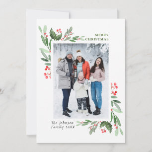 Watercolor Mistletoe Holly Berry Christmas PHOTO Holiday Card